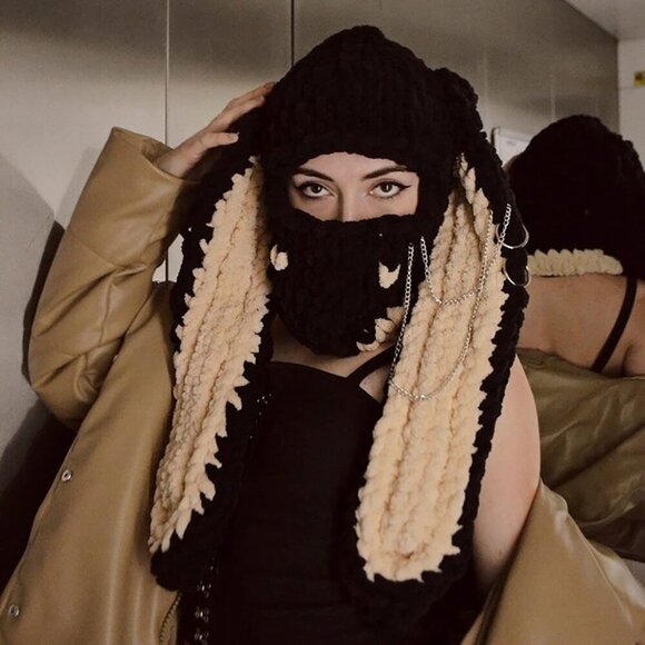 Women's Black Grey Bunny Hat Knit Plush Long Ears Fluffy Cosplay Party Hat - Picture 3 of 4